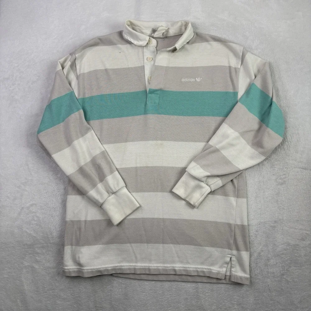 VTG Adidas Grey Striped Long Sleeve Collared Polo Rugby Shirt Men's Medium